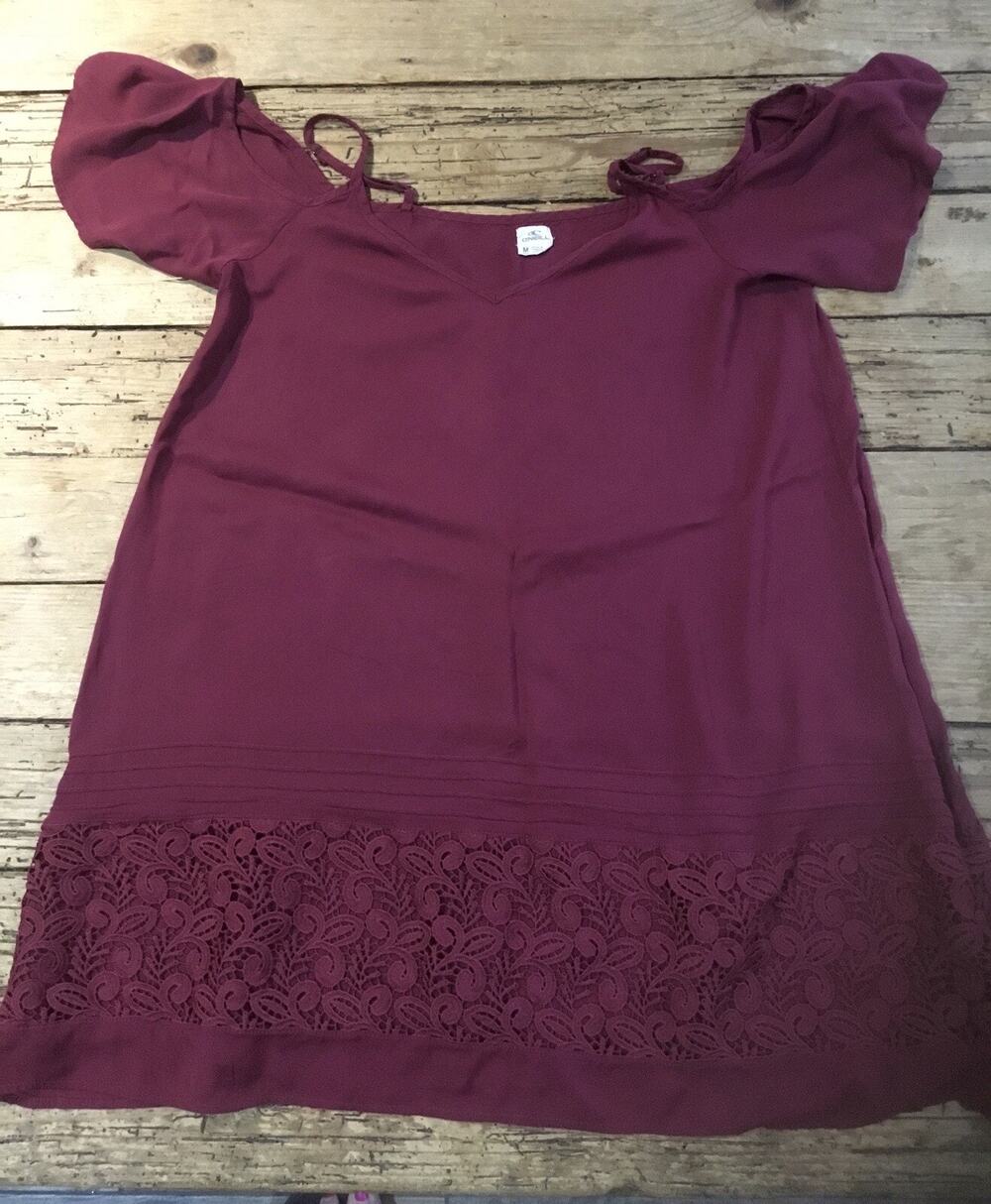 womens o’neill shift dress with lace trim Brick Red Off The Shoulder Size Medium